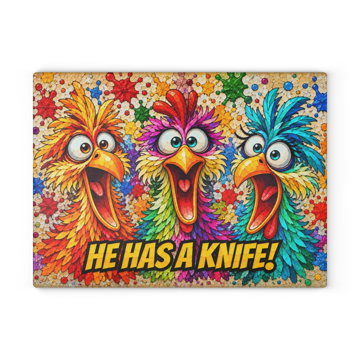 He Has a Knife! Funny Colorful Birds Stained-Glass-Inspired Glass Cutting Board