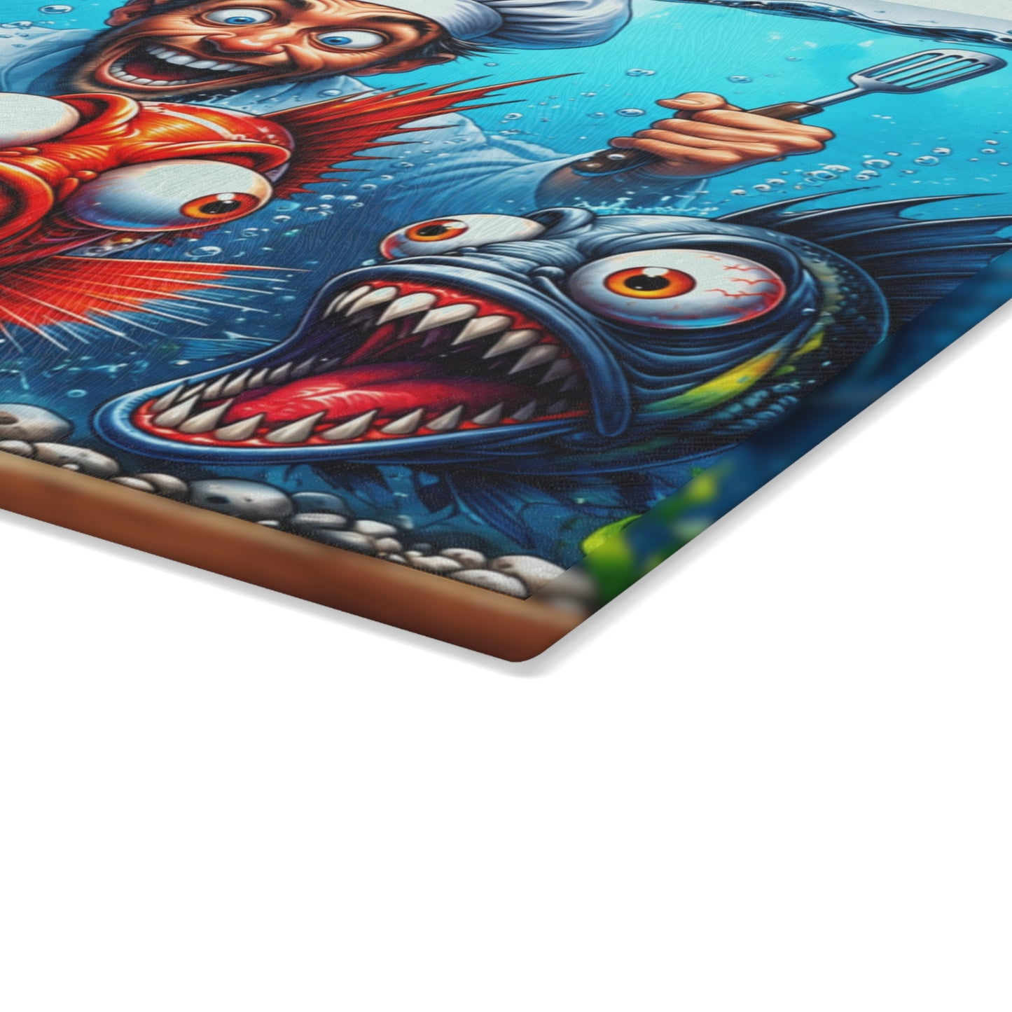 Kitchen Chaos: Fish & Chef Glass Cutting Board – Playful Aquarium Kitchen Art