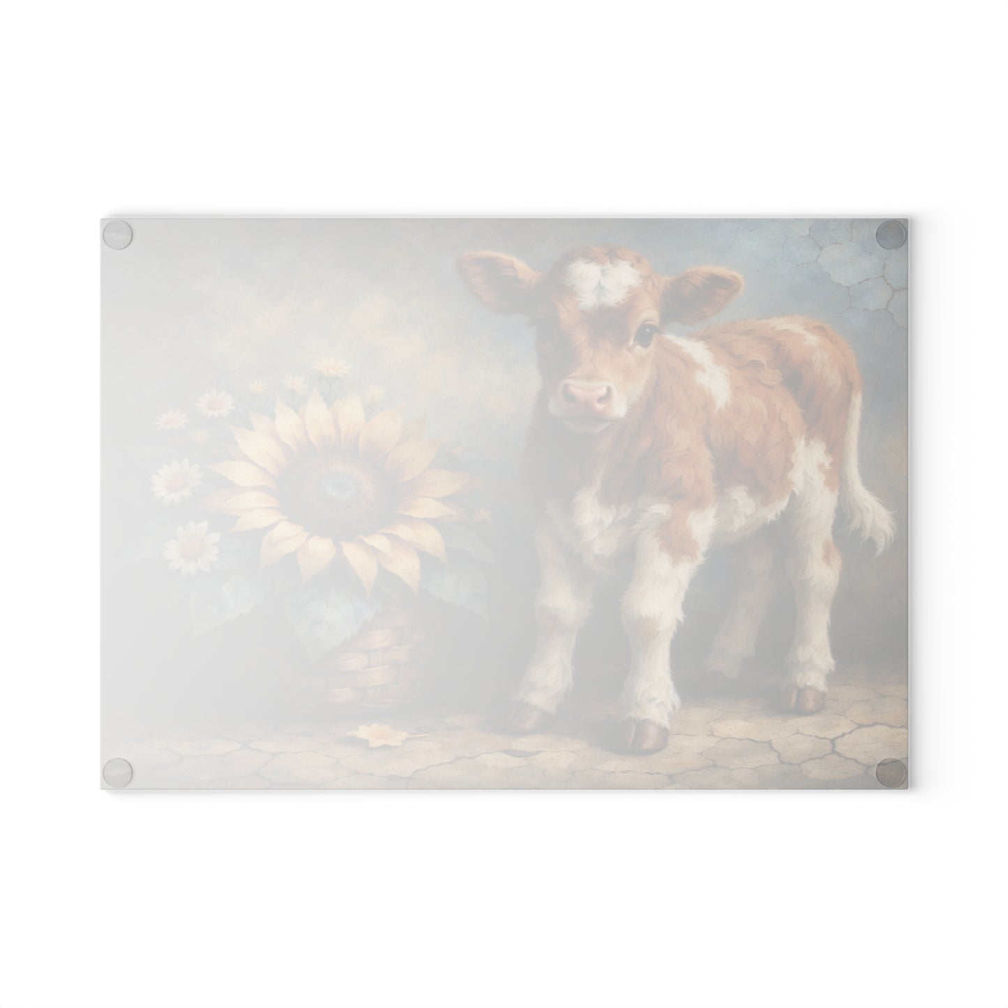 Sunflower Calf Glass Cutting Board – Rustic Farmhouse Kitchen Decor