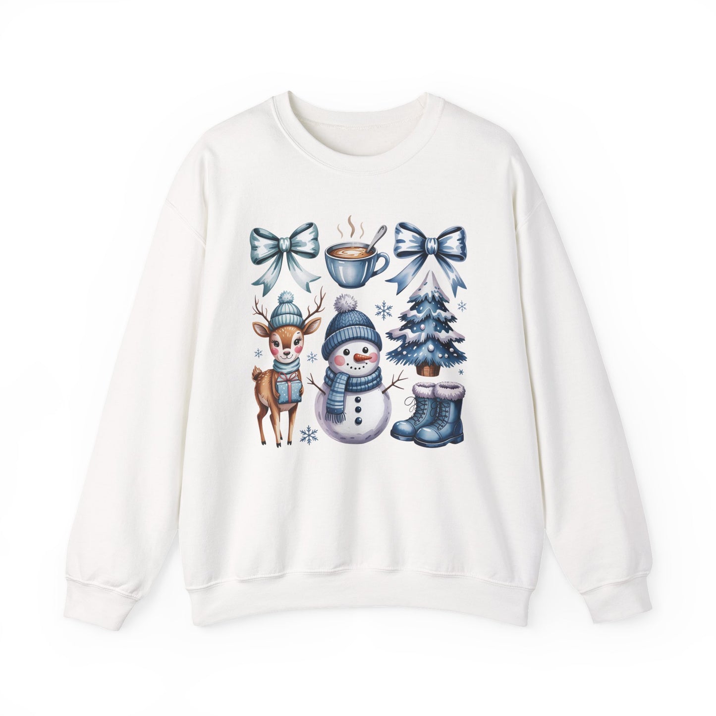 ❄️💙 Cozy Winter Vibes Crewneck – Reindeer, Snowman, Cocoa & Bows