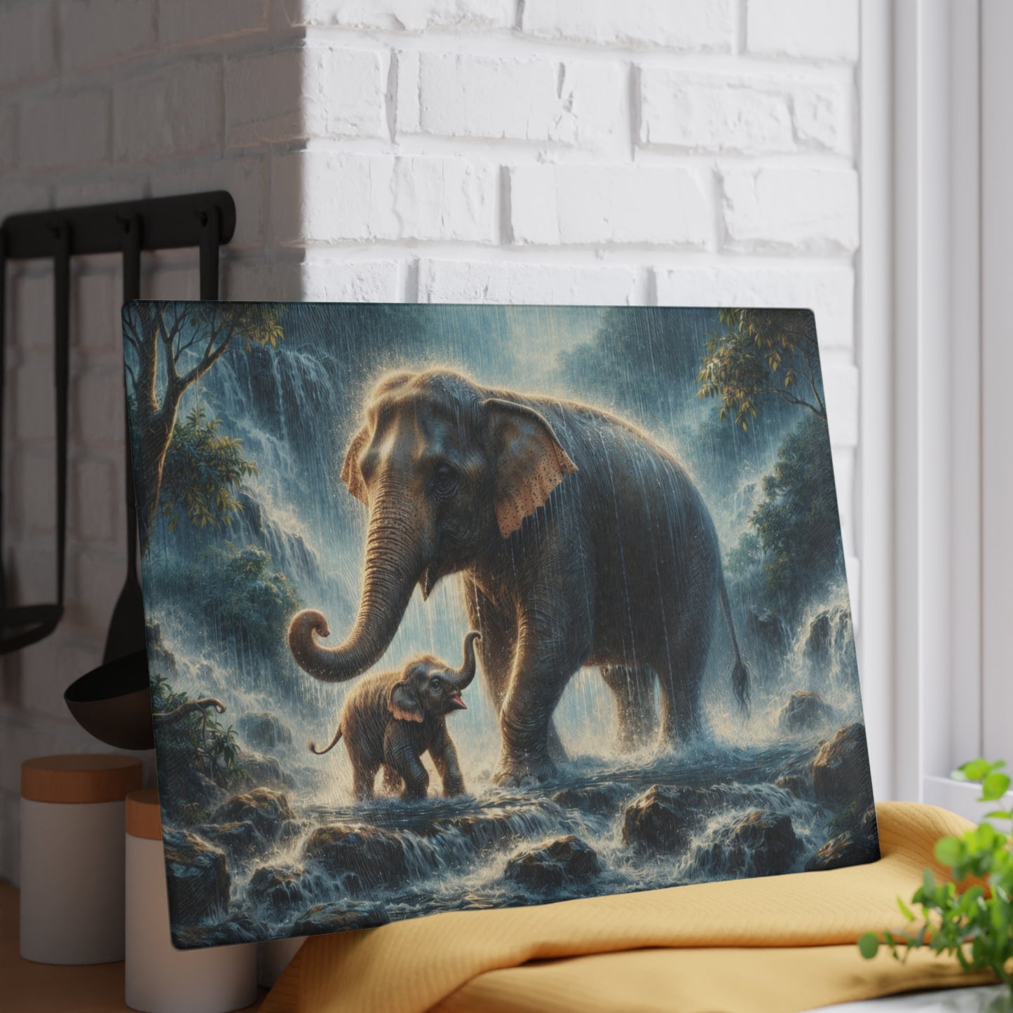 Elephant and Calf Rainforest Waterfall Glass Cutting Board – Dramatic Wildlife Kitchen Art