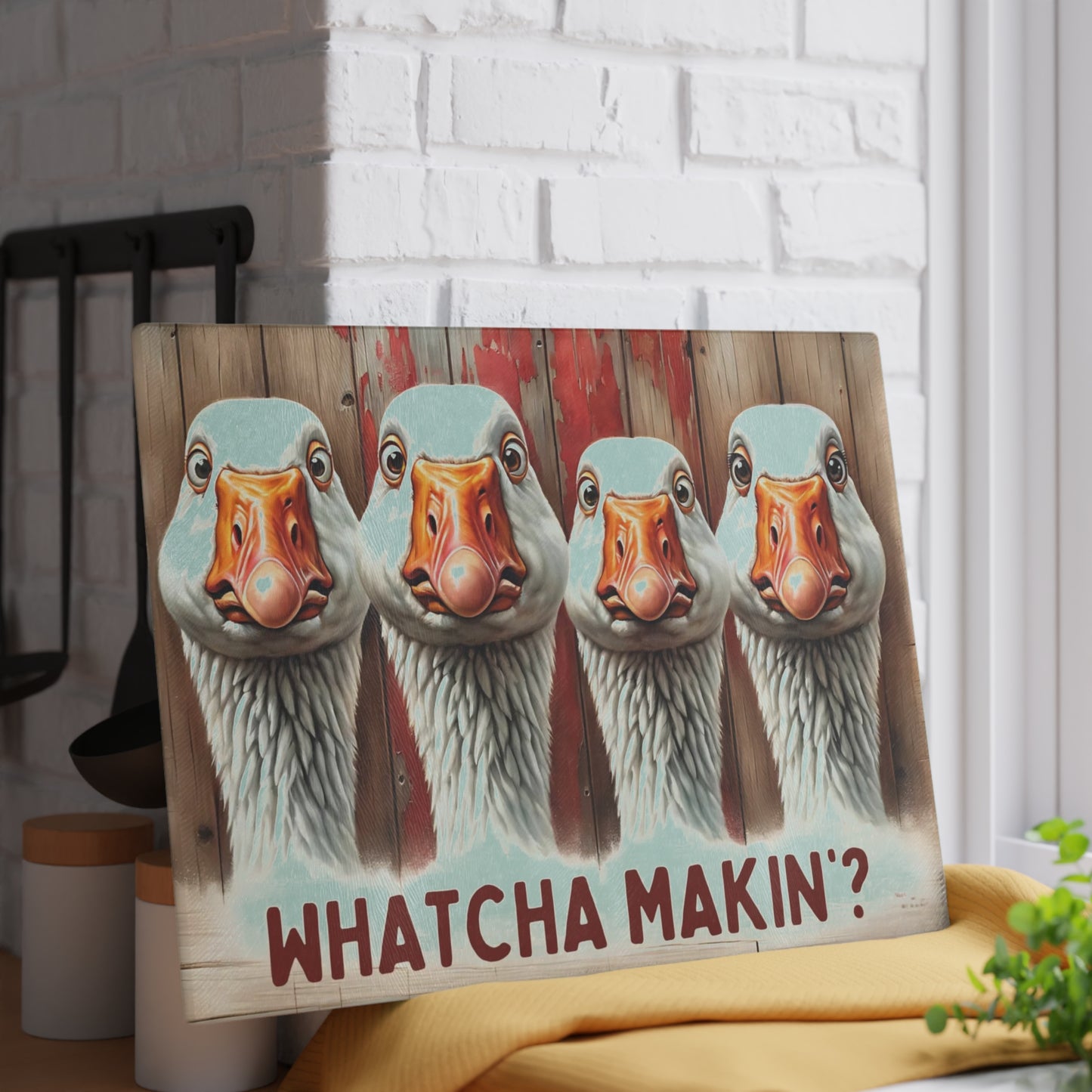 🪿🤎 “Whatcha Makin’?” Glass Cutting Board – Cozy Charm for Your Kitchen
