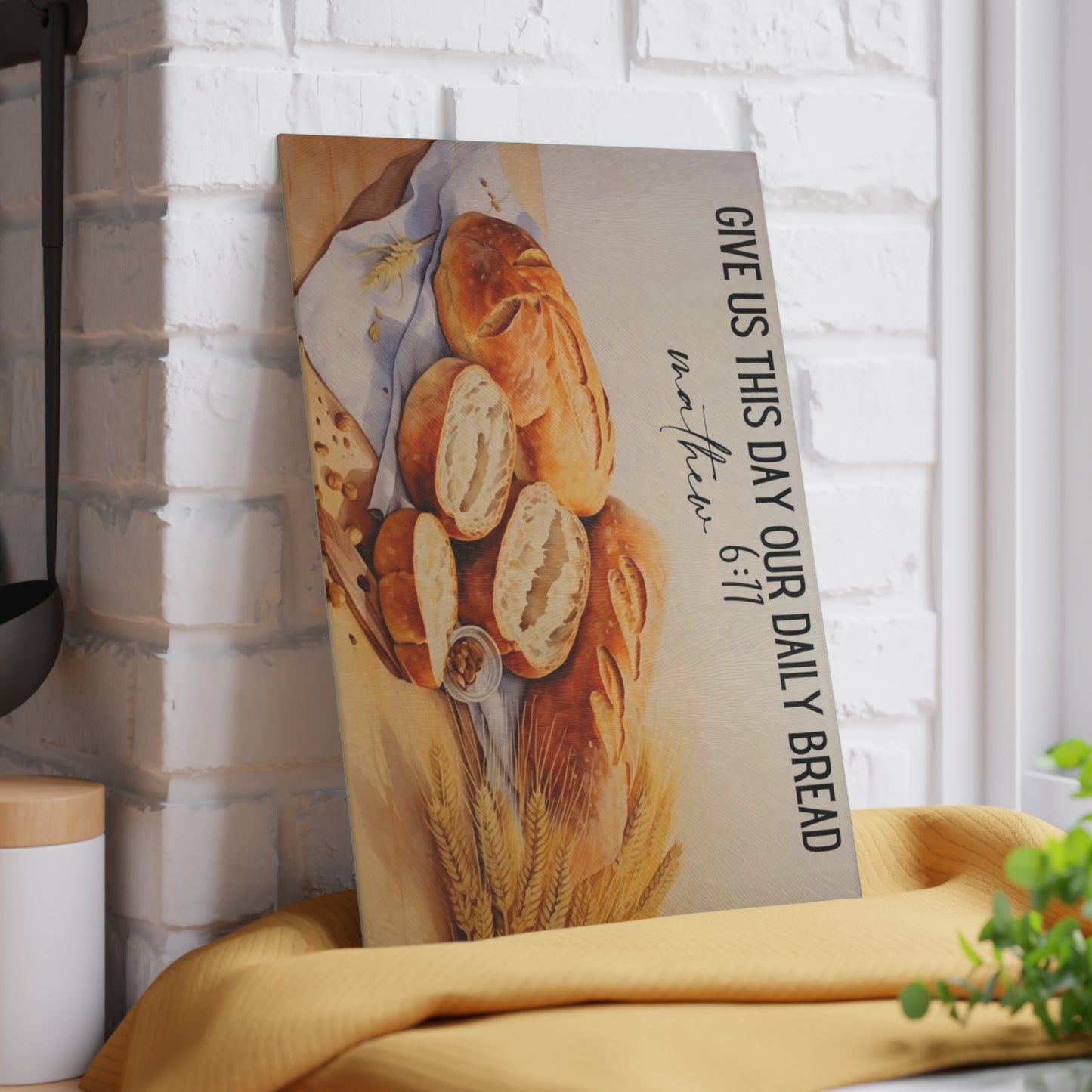 “Danos hoy nuestro pan de cada día” – Tabla de cortar de vidrio | Mateo 6:11 Escritura Decoración de cocina