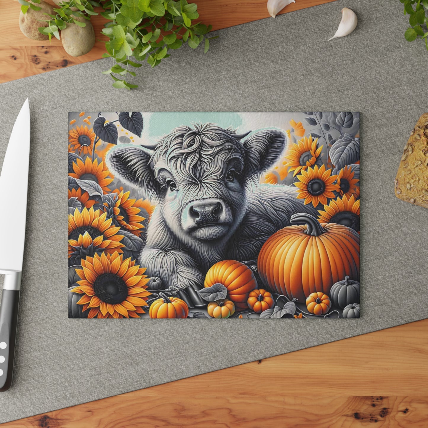 🐮🌻 Autumn Highland Calf Cutting Board – Rustic Charm with Pumpkins & Sunflowers 🎃🍂