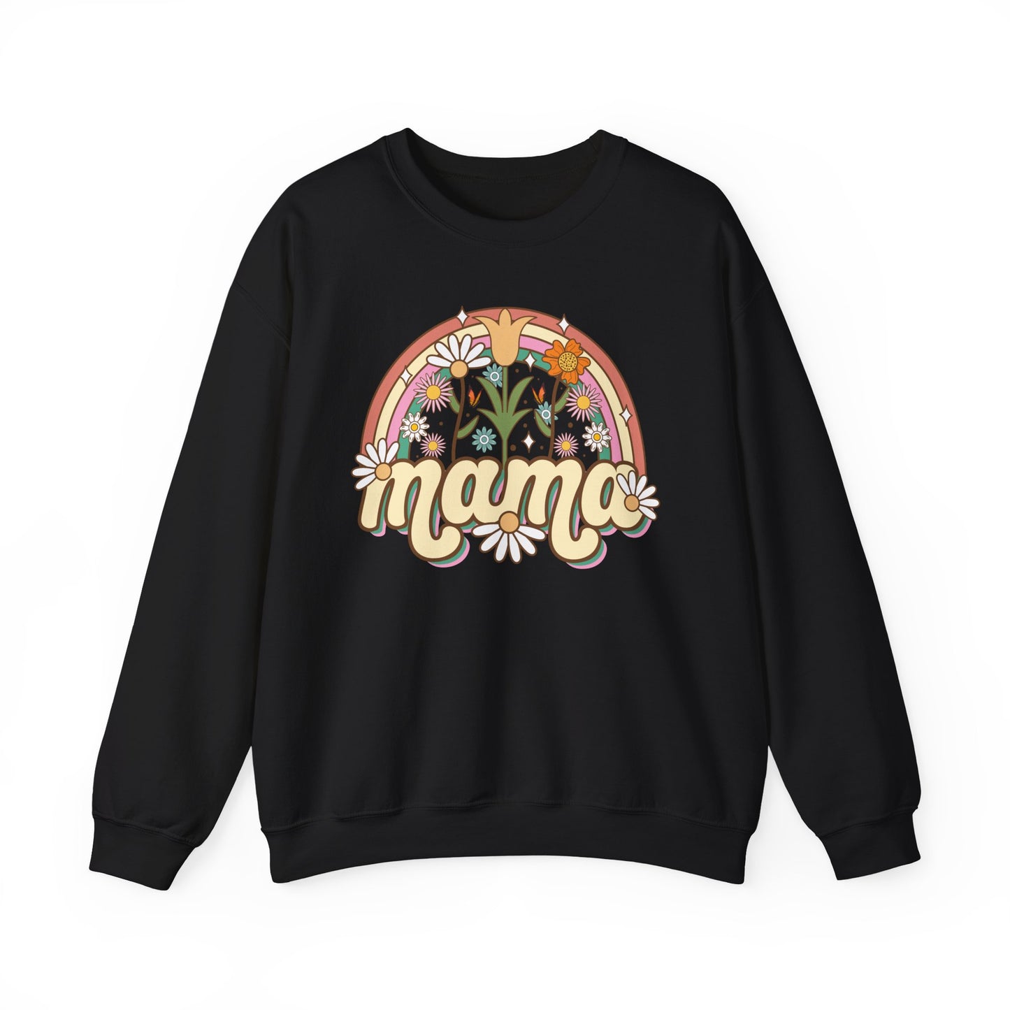🌼🌈 Retro Floral Mama Sweatshirt – Vintage Rainbow Daisy Mom Crewneck