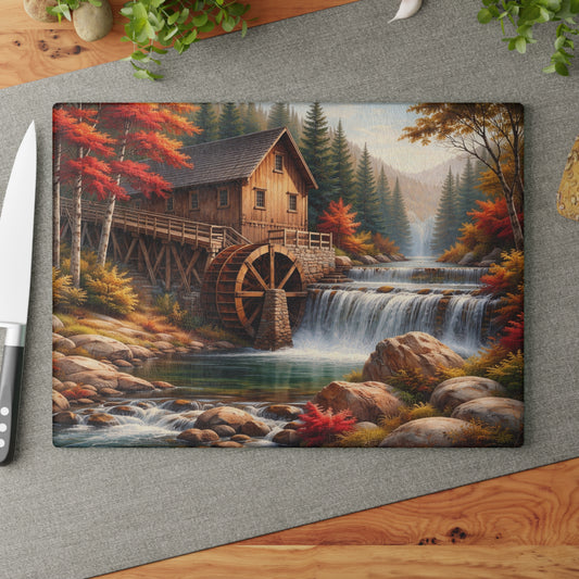 Autumn Watermill Landscape Glass Cutting Board – Rustic Mill and Waterfall Kitchen Art