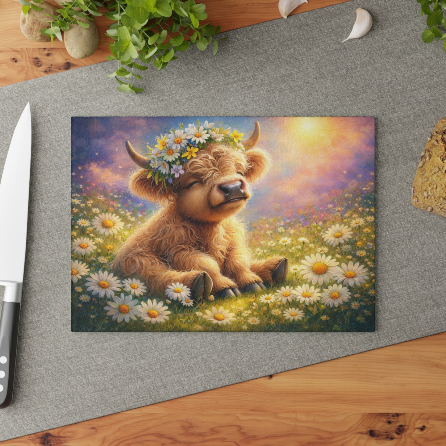 Highland Calf Daisy Meadow Glass Cutting Board – Spring Farmhouse Kitchen Decor with Floral Crown Cow Design