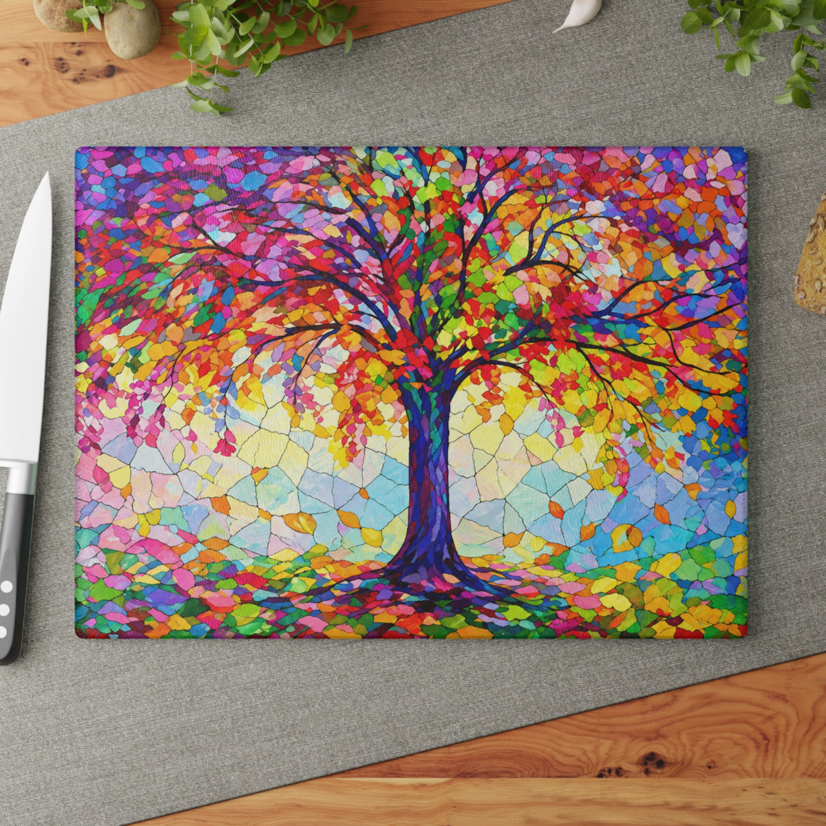 Colorful Tree of Life Stained-Glass-Inspired Glass Cutting Board – Rainbow Nature Decor
