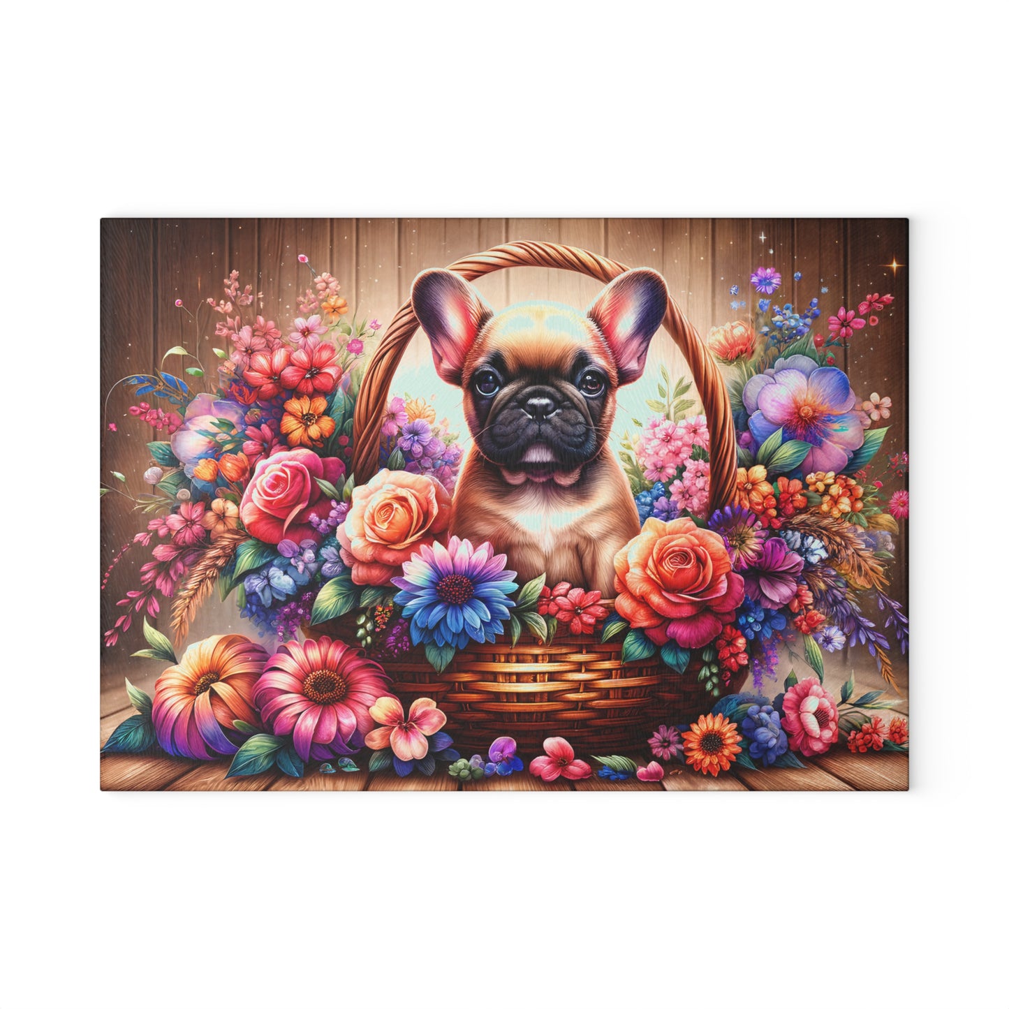 🐾 Fawn French Bulldog in Bloom Basket Cutting Board – Rustic Elegance Meets Frenchie Charm 🌼
