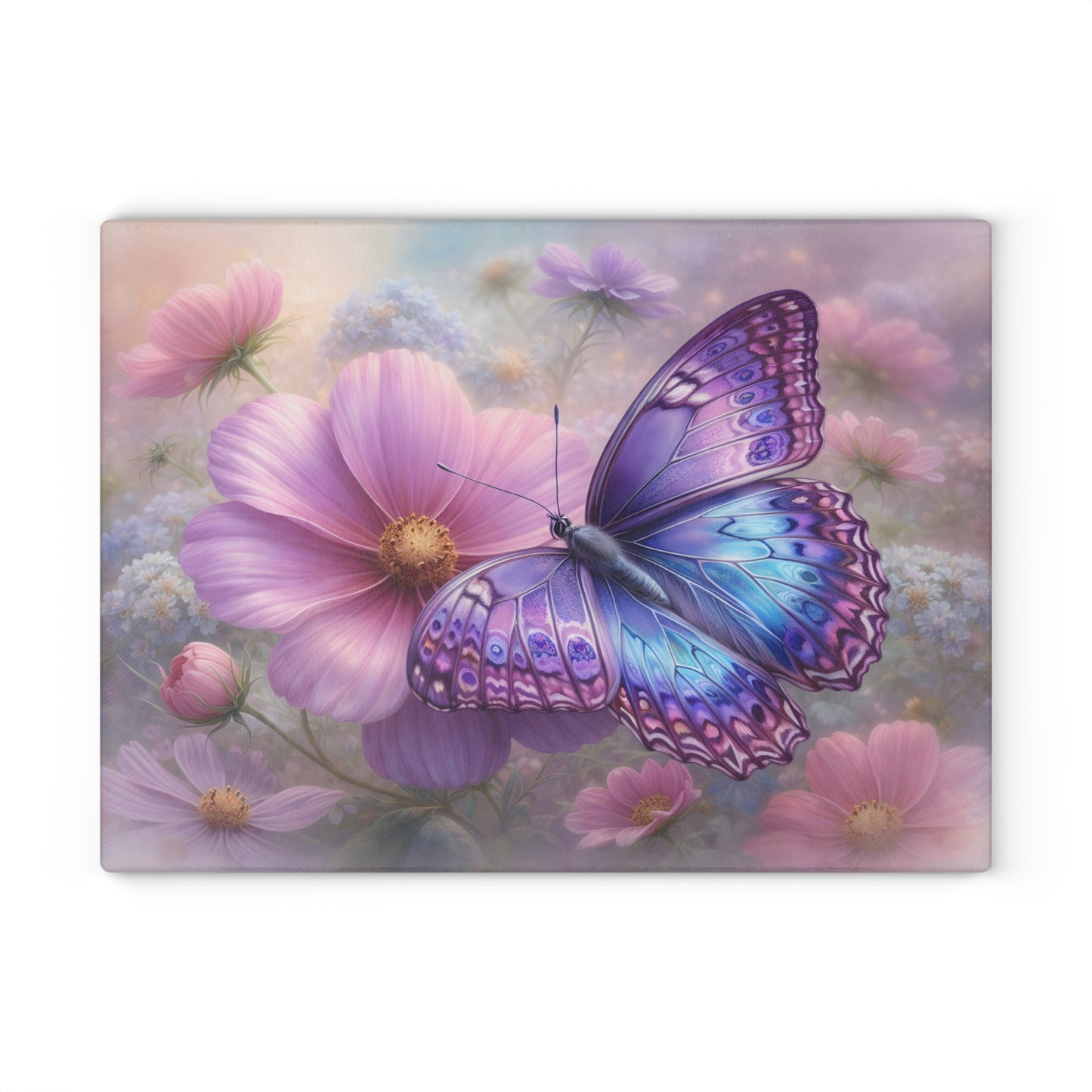 Purple & Blue Butterfly Glass Cutting Board – Dreamy Cosmos Floral Butterfly Art