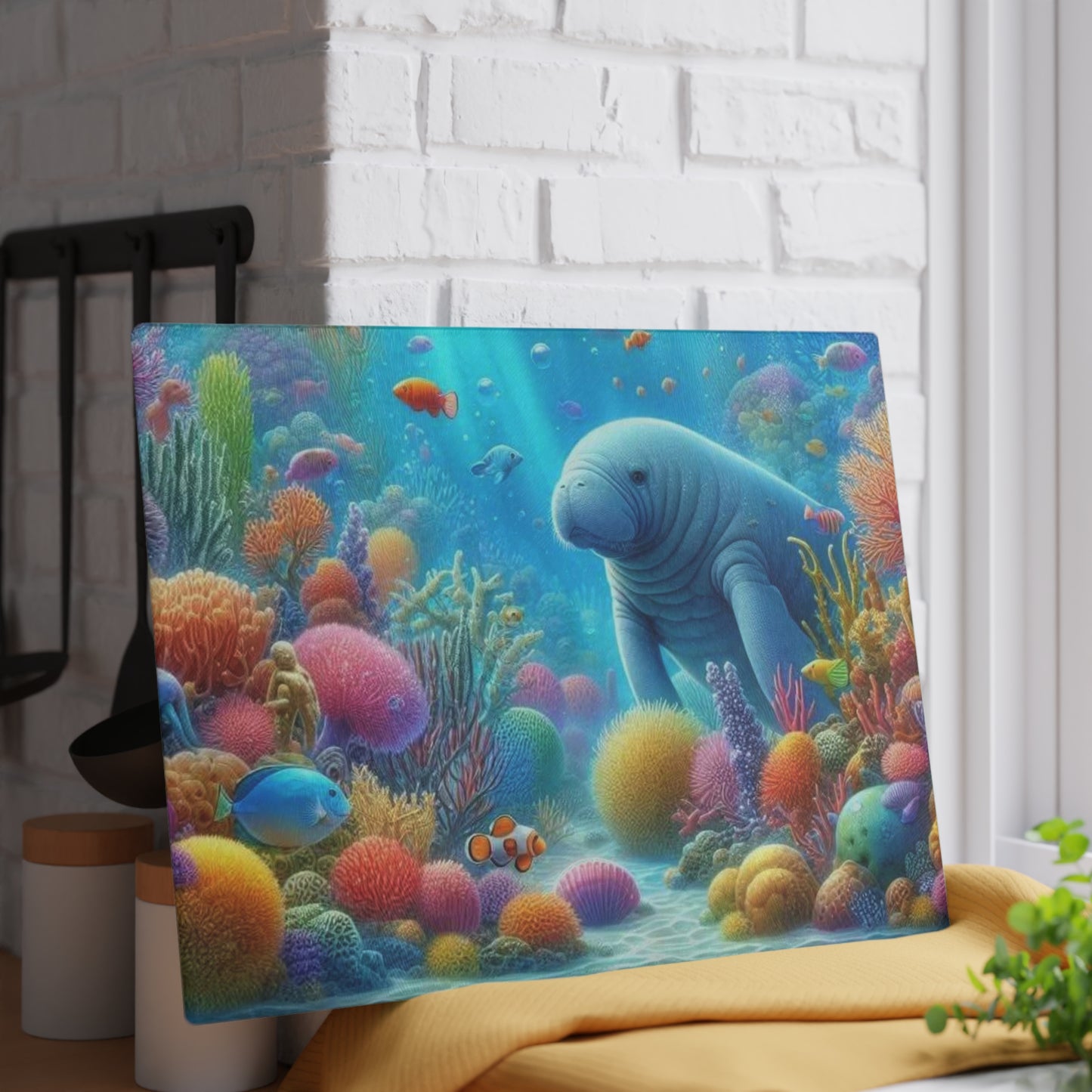 Manatee Cutting Board Textured Glass Florida Spring Kitchen Decor Coastal Home Gift Beach Housewarming Manatee Lover Sea Life Art Nautical