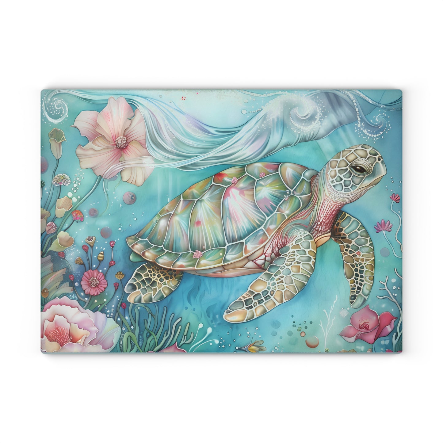 🌊🌸 Escena floral submarina de tortugas marinas coloridas – Tabla de cortar de vidrio