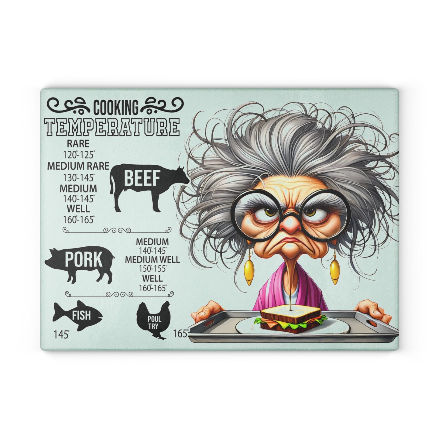 Guía de temperatura de cocina de la abuela gruñona Tabla de cortar: un artículo esencial de cocina divertido