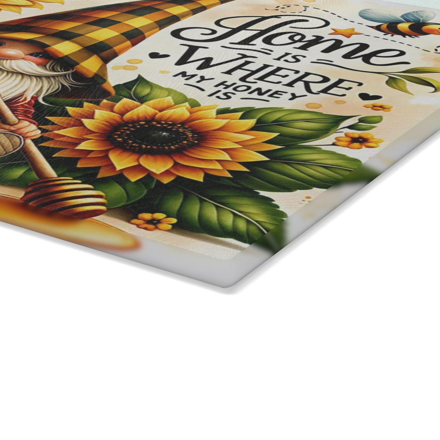 🐝🌻 “Sunny Honey Gnome” Glass Cutting Board – Warm Country Charm for Your Kitchen