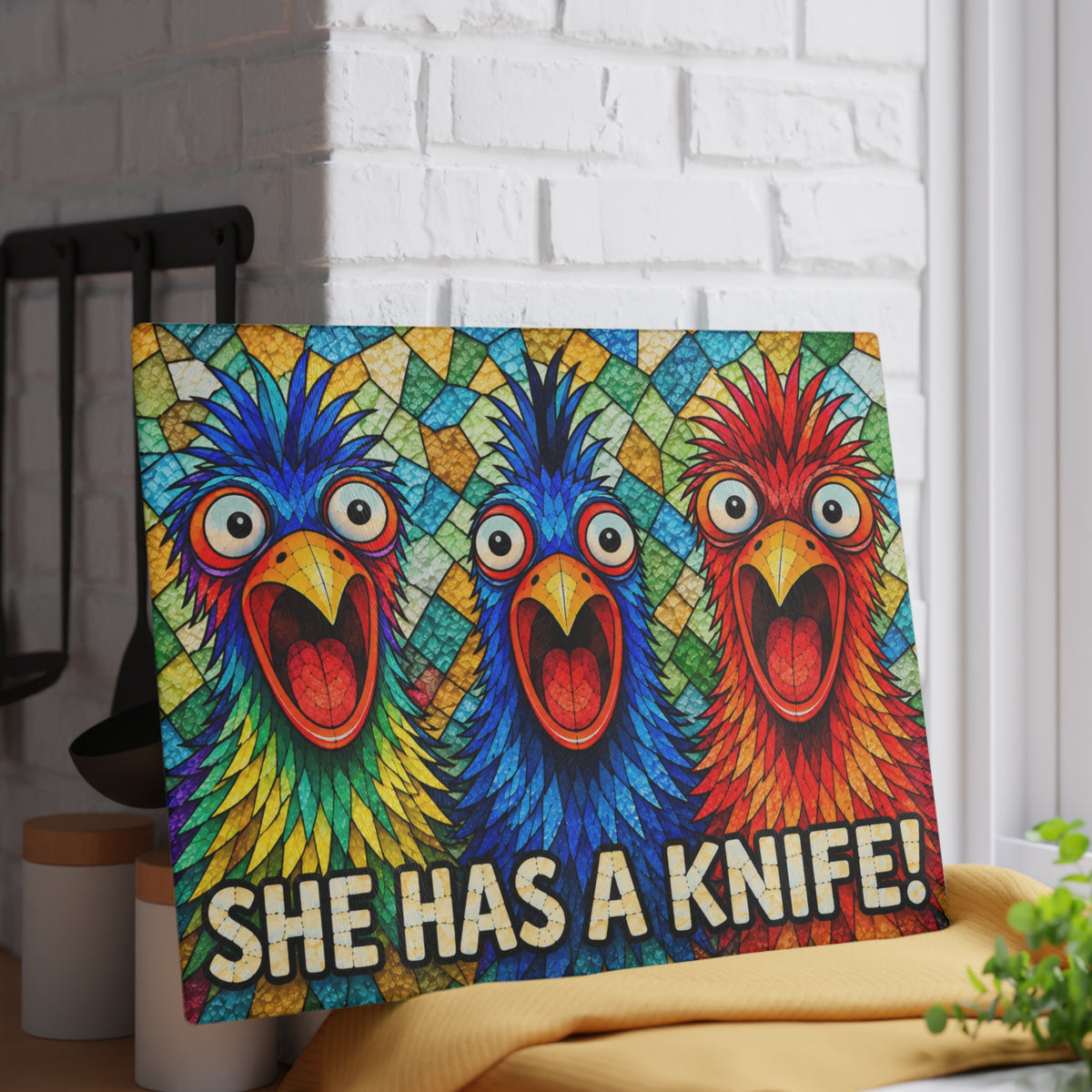 Funny Colorful Bird Glass Cutting Board – She Has a Knife Kitchen Humor