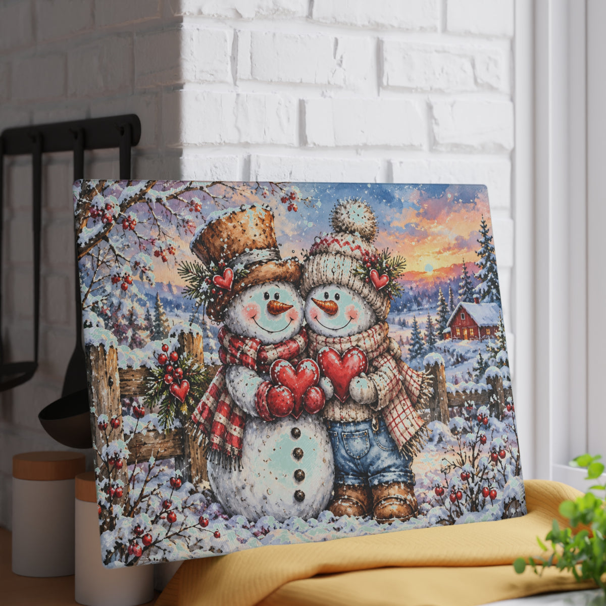 Adorable Snowman Couple Holding Hearts Tempered Glass Cutting Board – Rustic Winter Farmhouse Art – 11 × 15 Inches