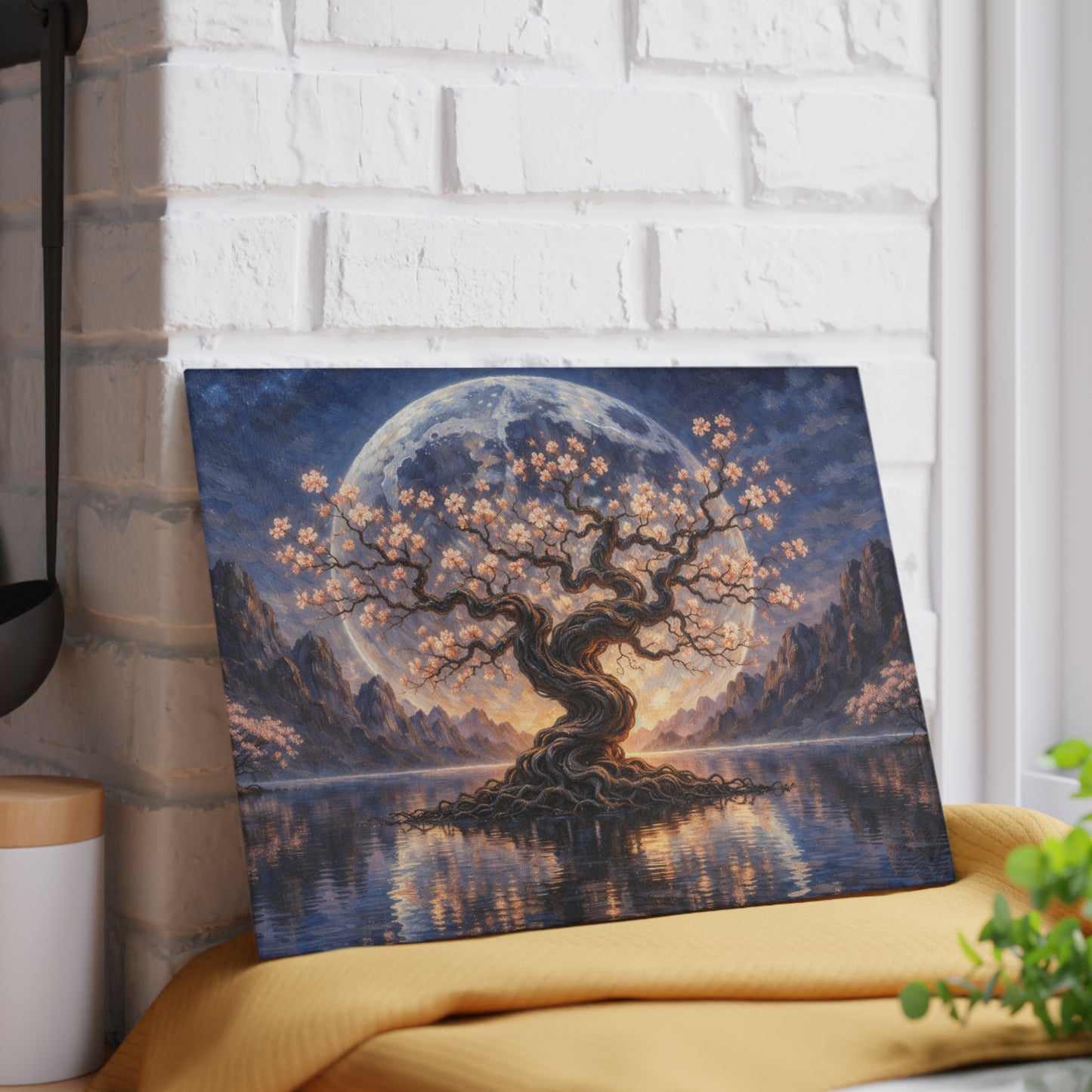 Moonlit Blossom Tree Glass Cutting Board – Dreamlike Fantasy Kitchen Art