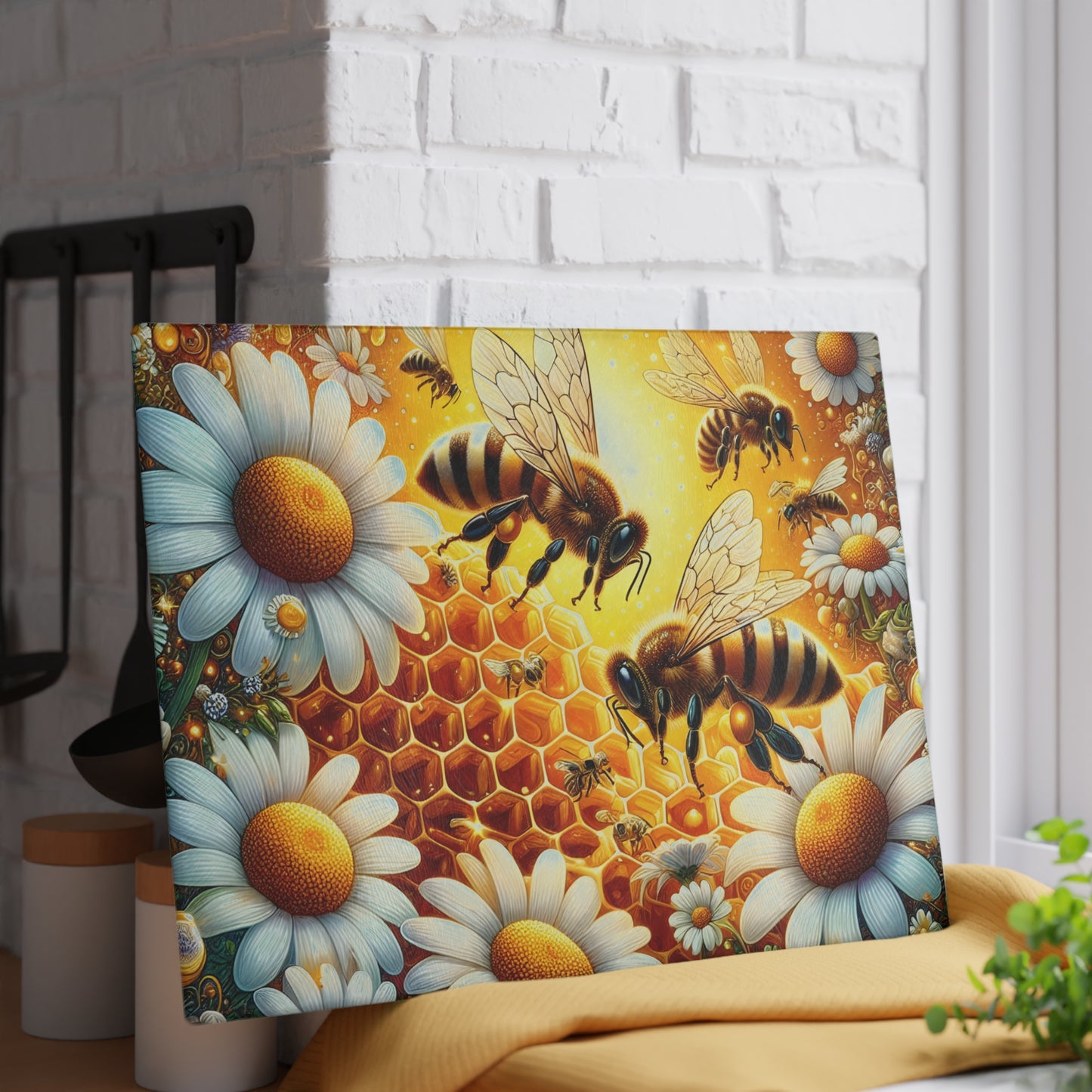 🐝 Bee & Daisy Honeycomb Cutting Board – Nature’s Buzzing Kitchen Elegance 🌼