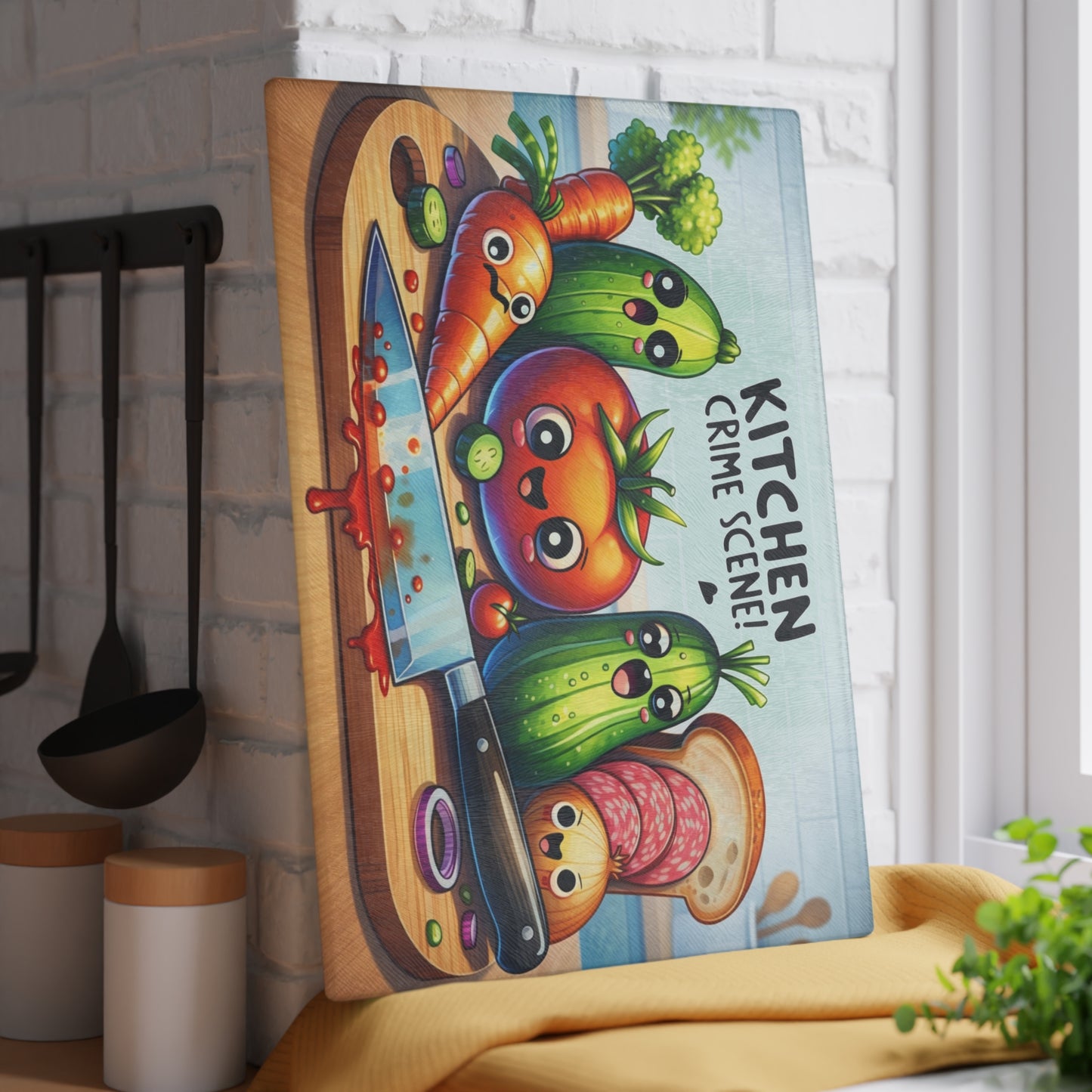 Kitchen Crime Scene Glass Cutting Board – Funny Vegetable Cartoon Kitchen Decor