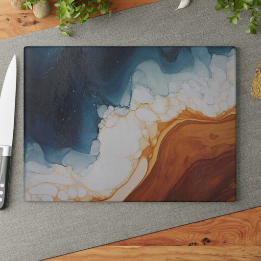 Tabla de cortar de vidrio templado con efecto mármol, imitación madera, azul verdoso y blanco: cocina rústica de estilo elegante