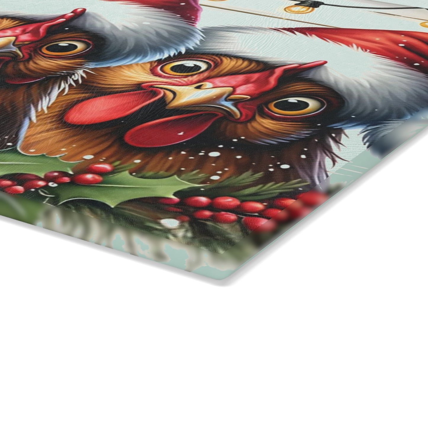 🐔🎄 “Santa Hat Chickens – Whatcha Makin’?” Glass Cutting Board – Cozy Charm for Your Kitchen