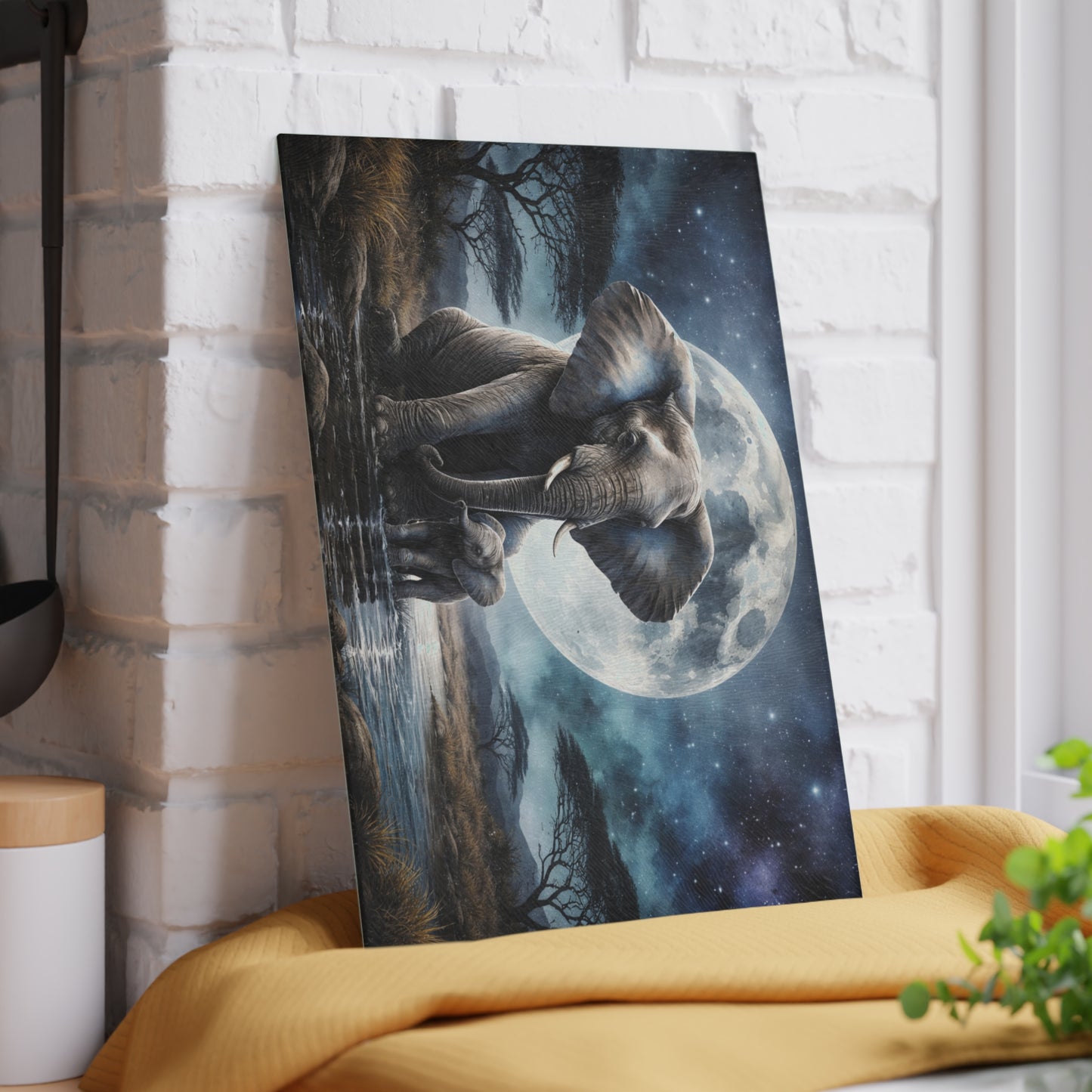 Moonlit Elephant and Calf Glass Cutting Board – Mystical Night Safari Wildlife Art