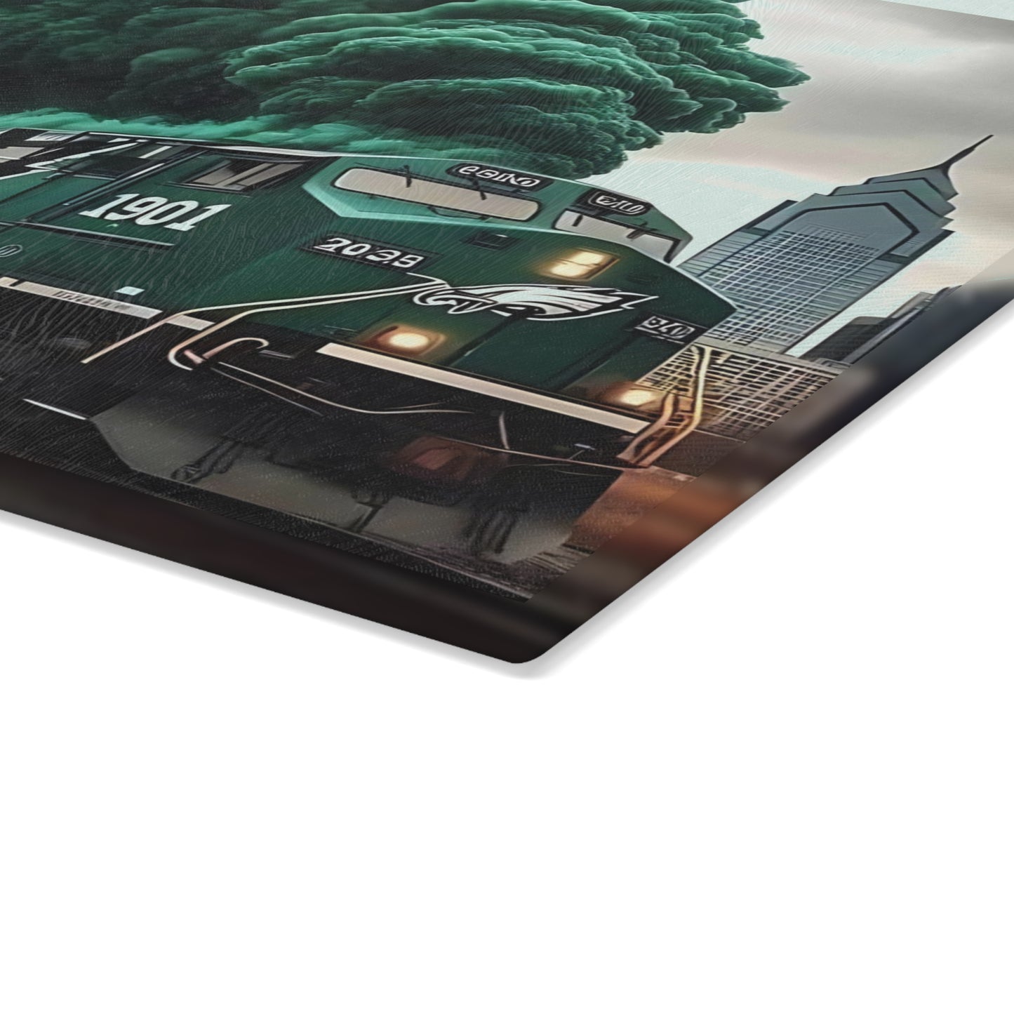 Dark Green & Silver Express Glass Cutting Board – Gritty Train Art for Bold & Timeless Kitchens