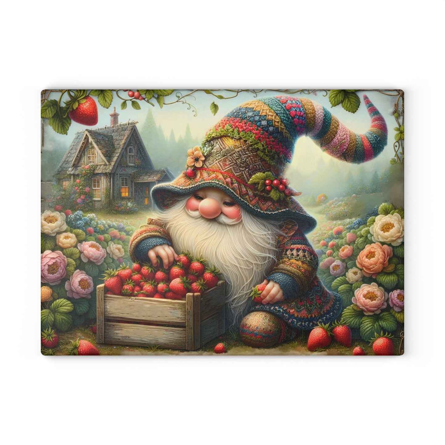 🍓🧙‍♂️ Strawberry Gnome Harvest Cutting Board – Whimsical Charm for Your Cottage Kitchen