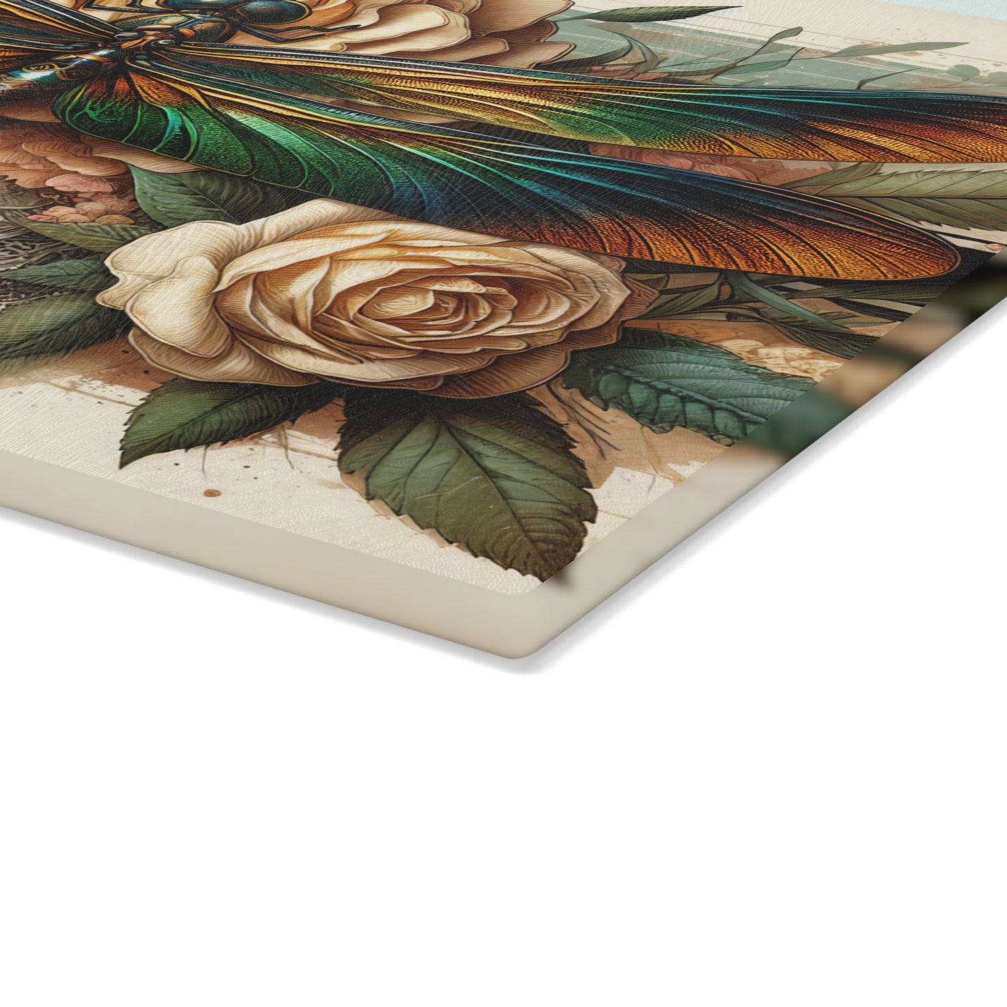 Vintage Dragonfly & Rose Cutting Board – Elegant Botanical Art