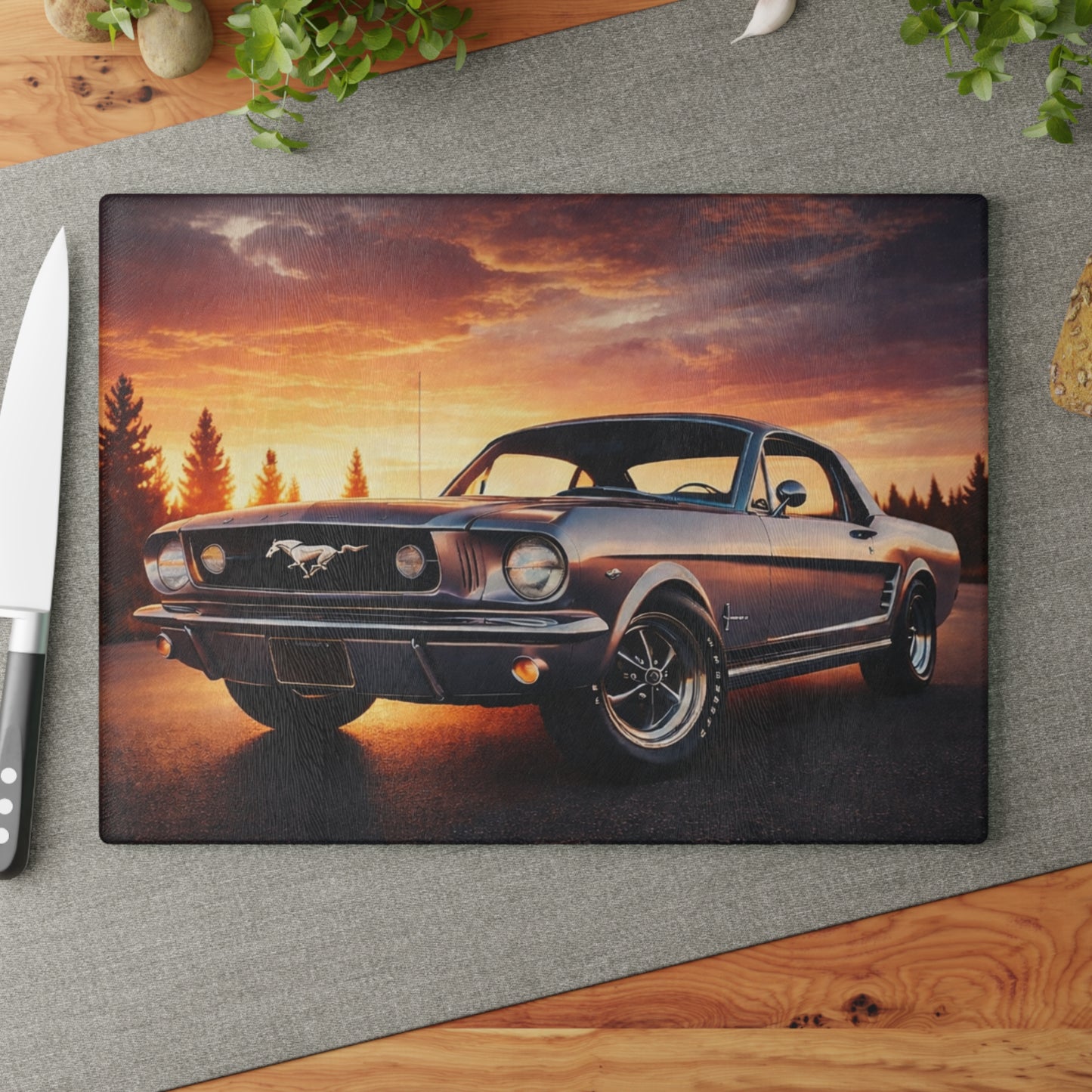Classic Muscle Car Sunset Glass Cutting Board – Vintage American Auto Kitchen Art & Display Board