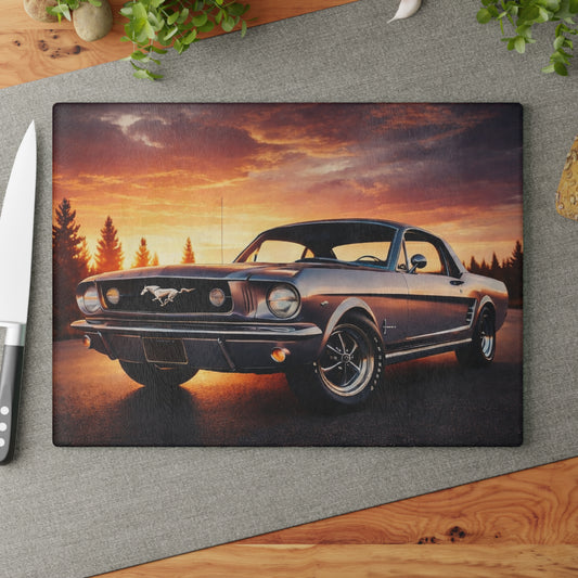 Classic Muscle Car Sunset Glass Cutting Board – Vintage American Auto Kitchen Art & Display Board