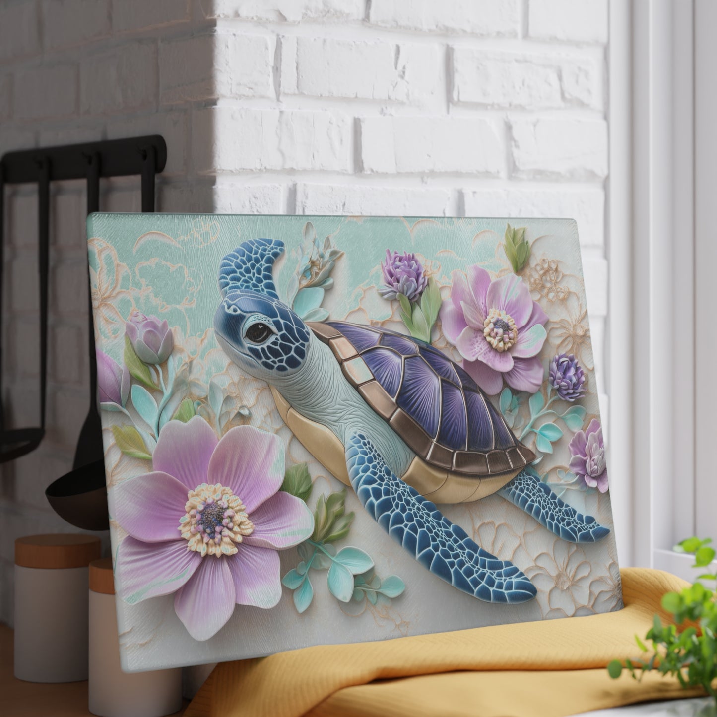 🐢 Floral Sea Turtle Cutting Board – Ocean Beauty Meets Botanical Elegance