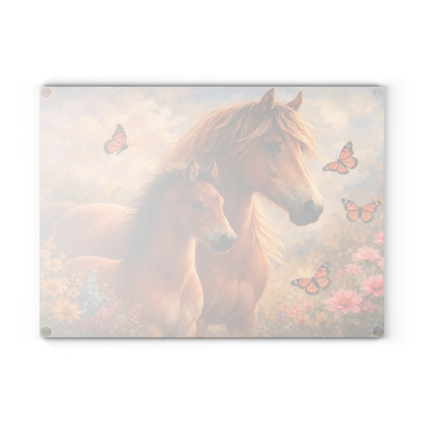 Mother and Foal Floral Glass Cutting Board – Rustic Country Kitchen Decor
