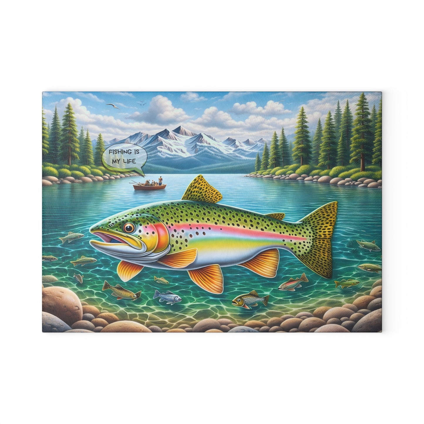 Fishing Is My Life Glass Cutting Board – Colorful Trout Lake Fishing Artwork