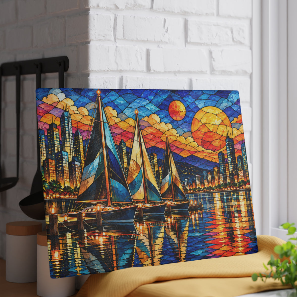 Stained-Glass-Inspired Sailboat Sunset Cutting Board – Colorful City Skyline, Glowing Marina, Golden Sunset & Nautical Kitchen Décor
