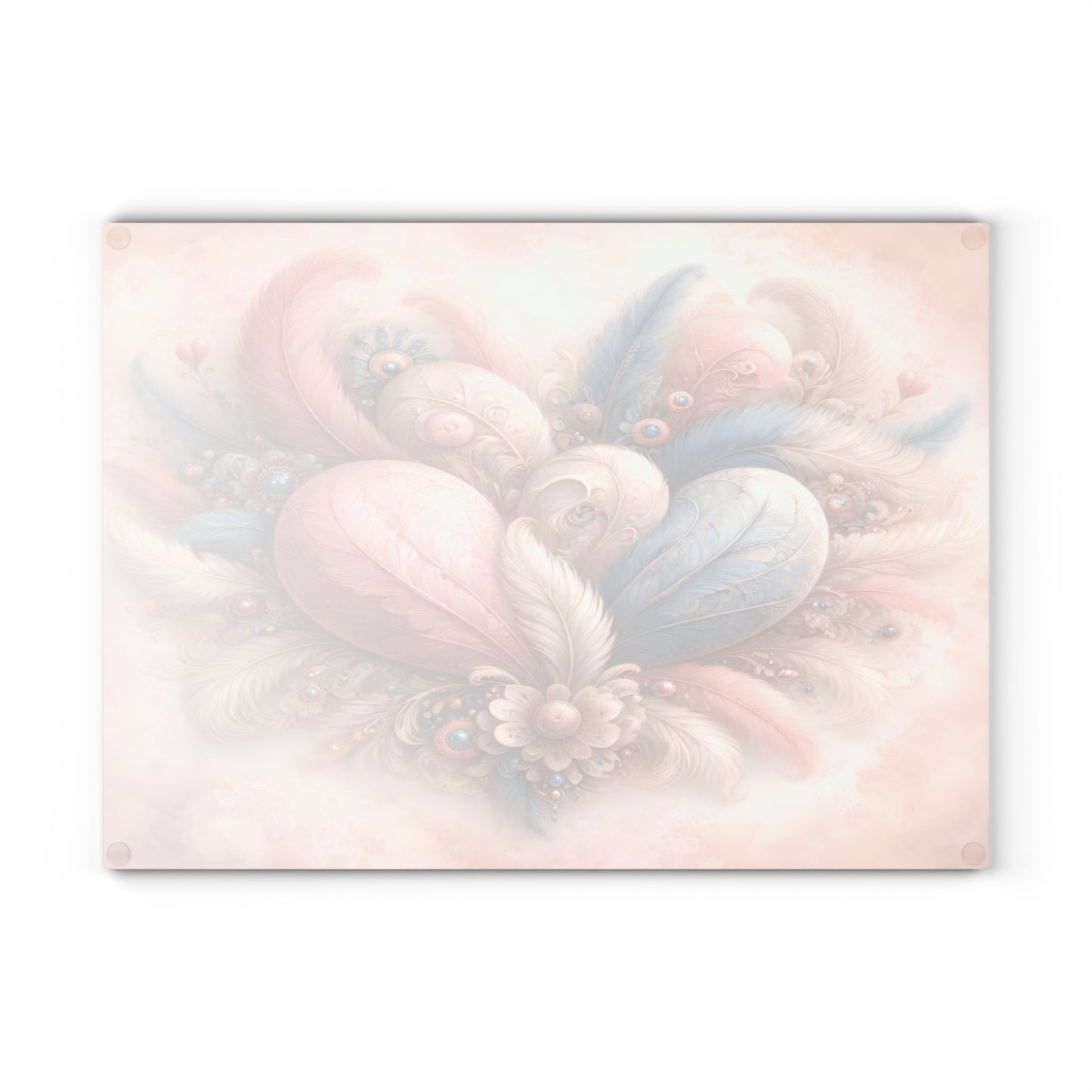 Pastel Feather Heart Glass Cutting Board – Elegant Romantic Art Kitchen Decor