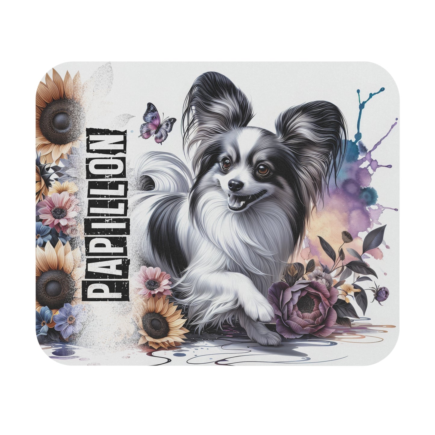 🖱️🦋🌻 Papillon Mouse Pad – Butterfly-Ear Pup with Sunflowers & Florals