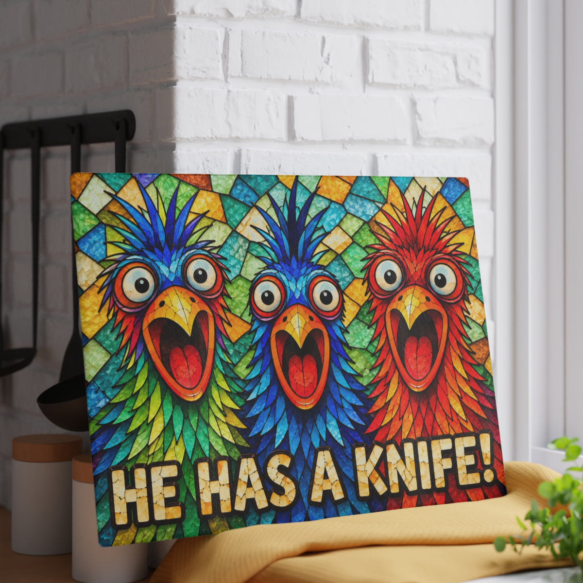 Funny Colorful Birds Stained Glass Look Glass Cutting Board – “He Has a Knife!” Kitchen Decor