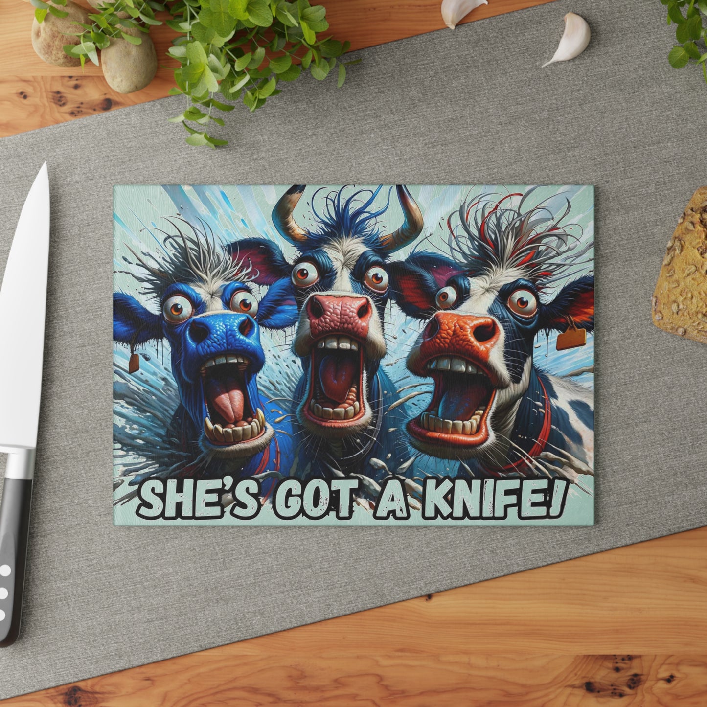 🐮🔪 “She’s Got a Knife!” Glass Cutting Board – Hilarious Farmhouse Horror Vibes
