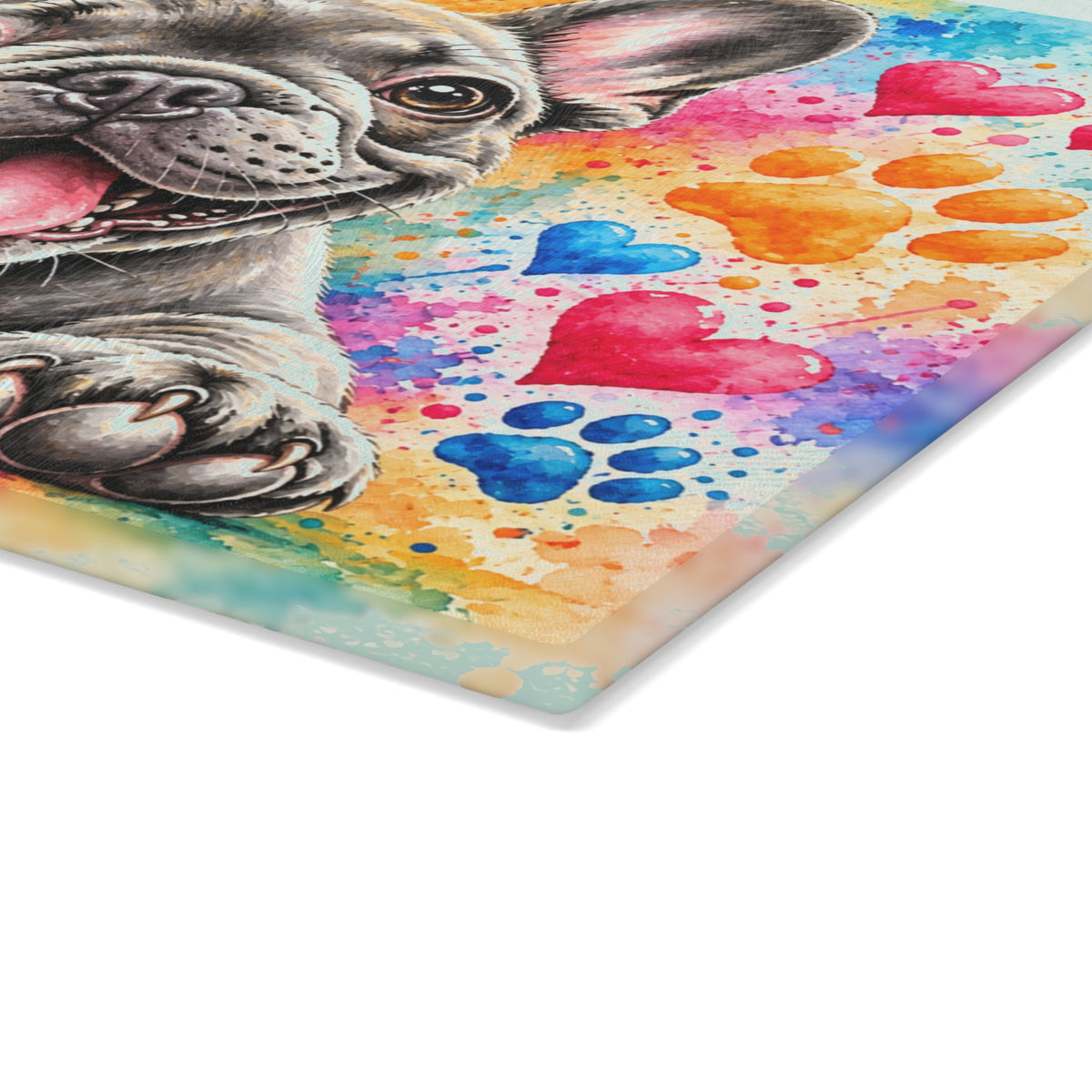 Adorable French Bulldog Tempered Glass Cutting Board – Colorful Watercolor Puppy with Hearts and Paw Prints – 11 × 15 Inches
