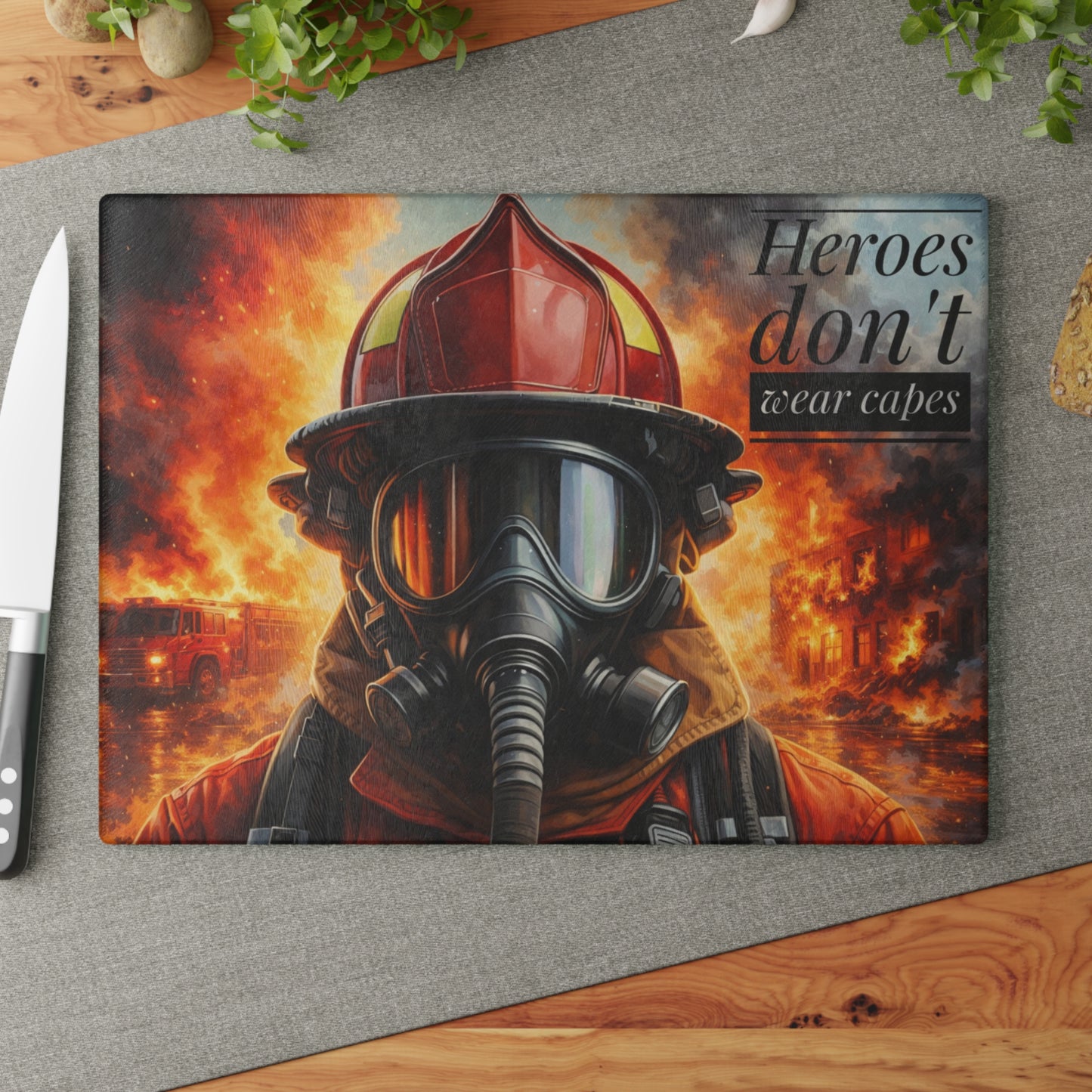 Firefighter Hero Tribute Glass Cutting Board – First Responder Strength Kitchen Art