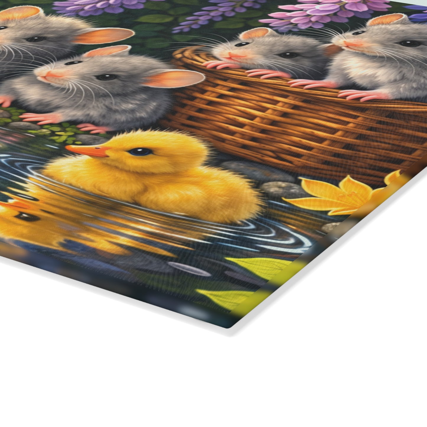 Baby Ducklings and Mice Pond Glass Cutting Board – Whimsical Woodland Garden Artwork