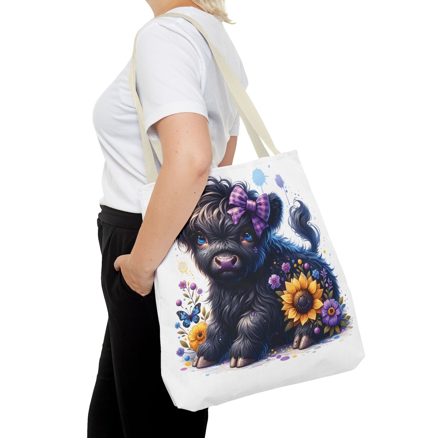 💜 Purple Bow Black Highland Calf Tote Bag – Country Charm with a Pop of Color 🐮👜