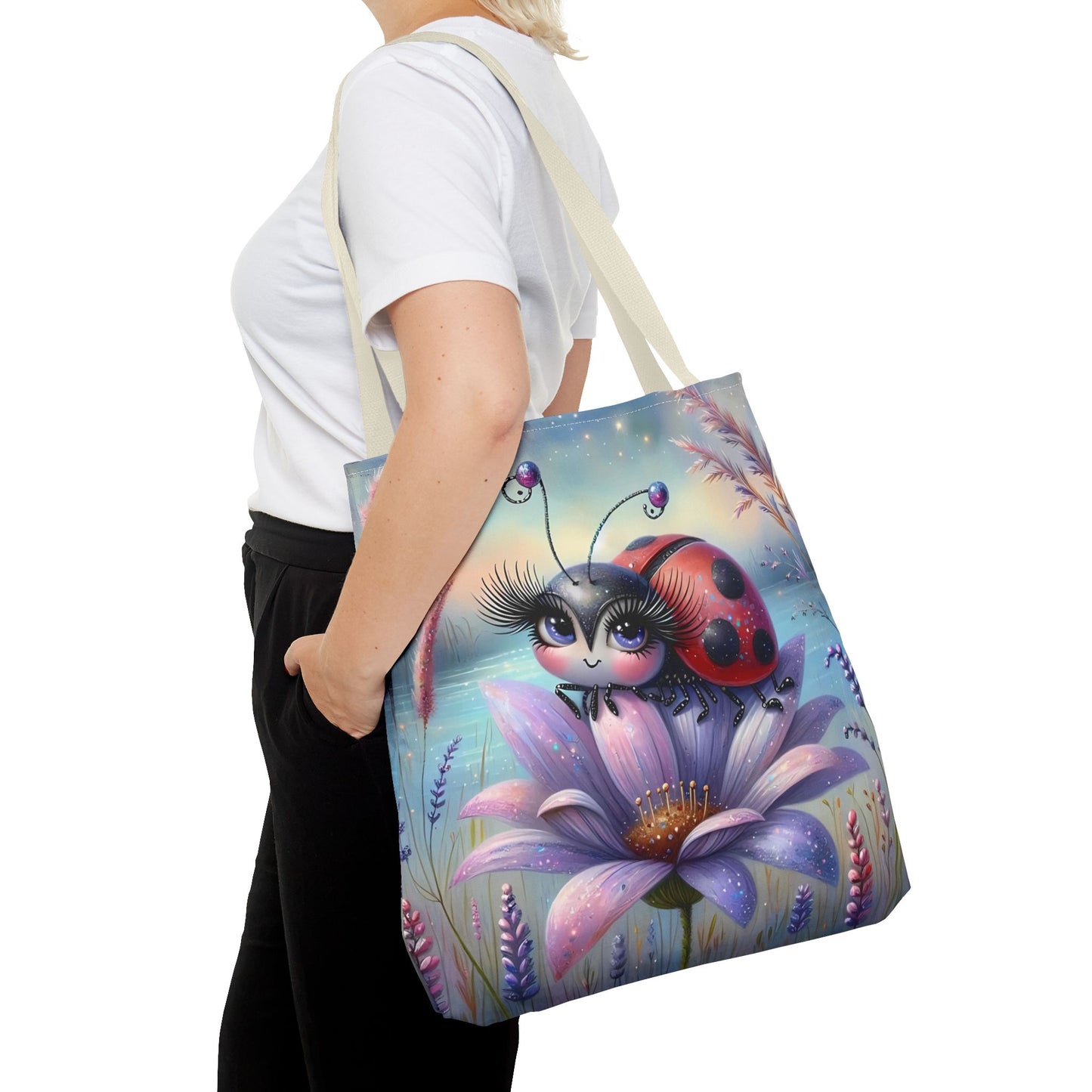 🐞 Mariquita sobre una flor junto al lago – Bolsa de tela inspirada en la naturaleza