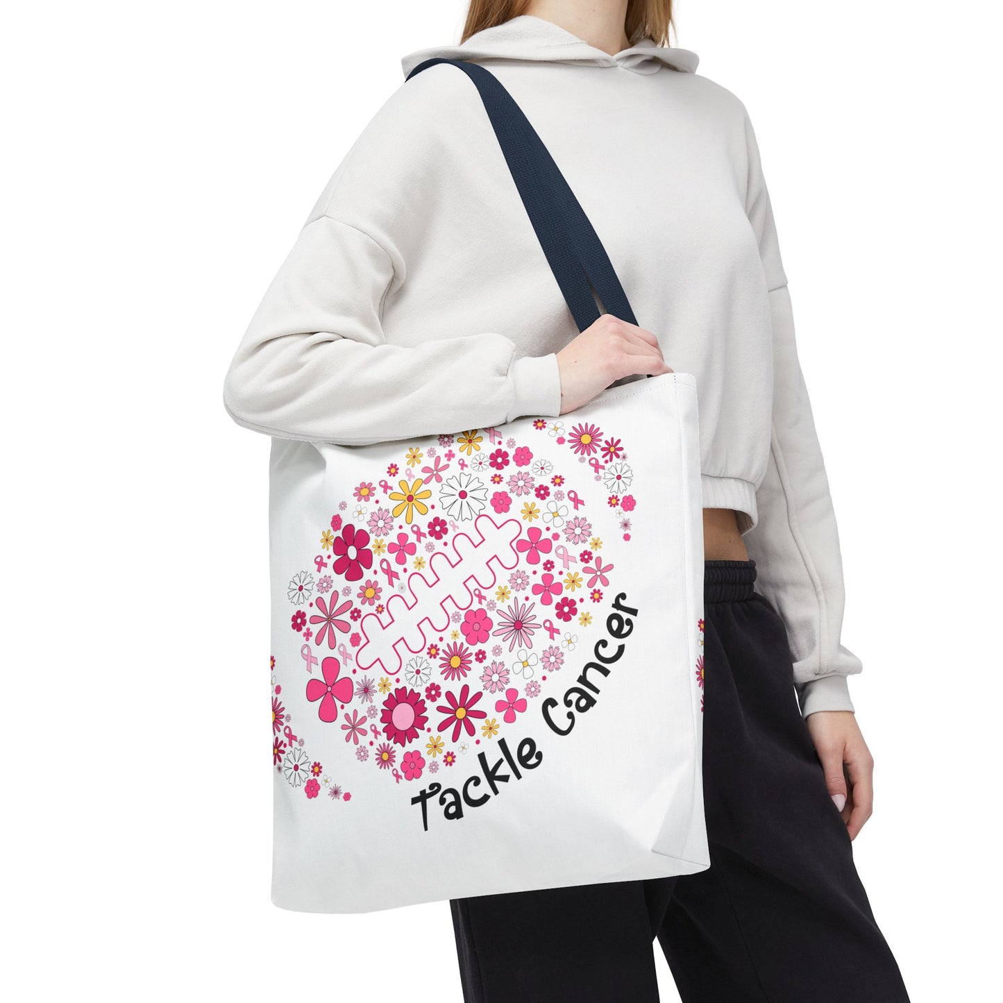 🌸 Pink Floral Football Tote Bag – Game Day Meets Breast Cancer Awareness 🎀👜