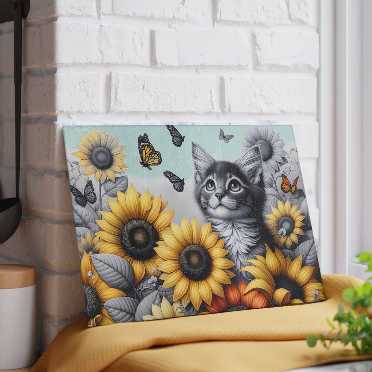 🐾🌻 Kitten & Sunflowers Cutting Board – Whimsical Rustic Farmhouse Charm with Butterflies ✨🐈🦋