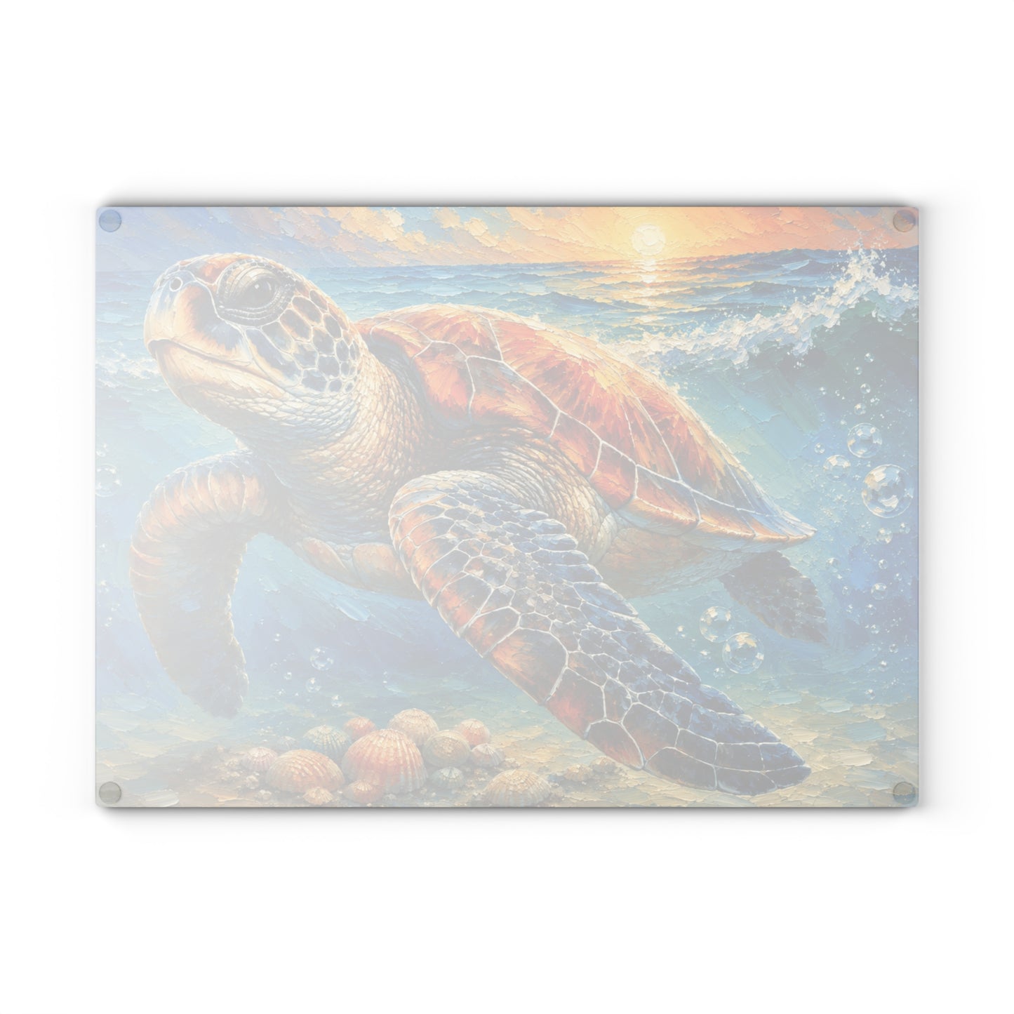 Sea Turtle Glass Cutting Board – Colorful Coastal Sea Turtle Artwork with Ocean Waves