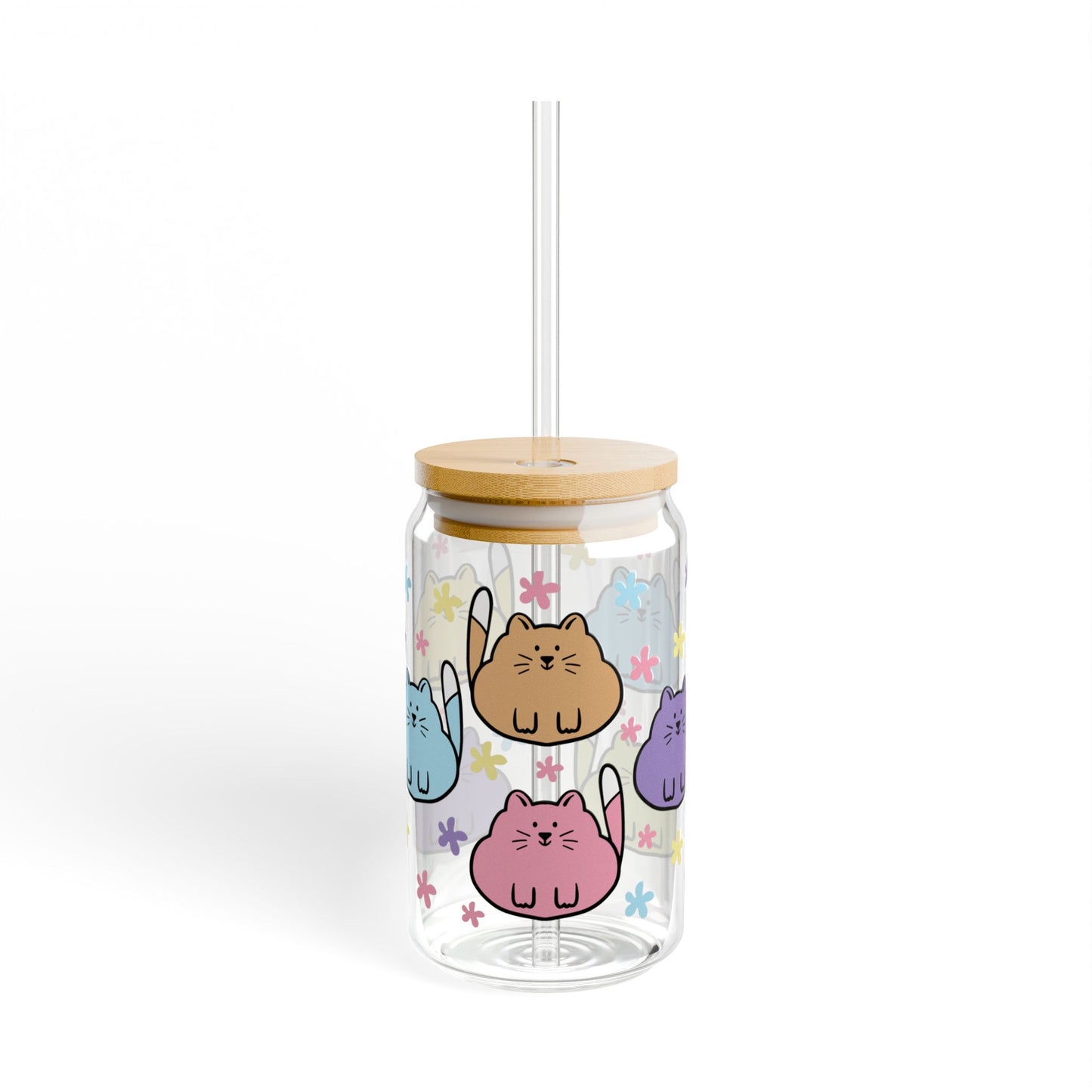😸🌼 Colorful Cartoon Cat Sipper Glass – Whimsical 16oz Fun for Every Sip 🥤