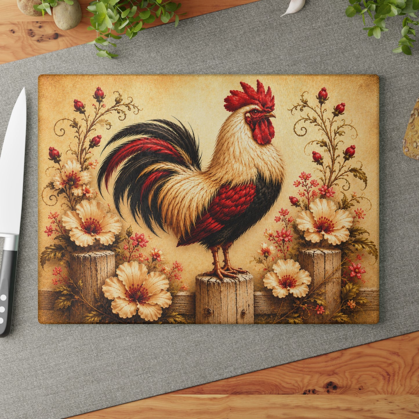 Rustic Rooster Tempered Glass Cutting Board
