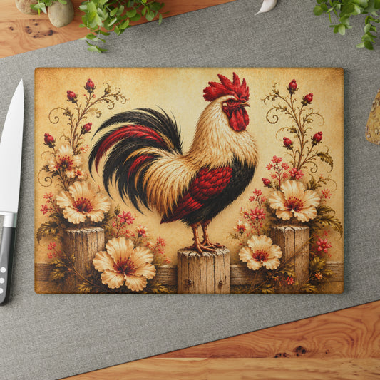 Rustic Rooster Tempered Glass Cutting Board